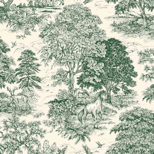 Rod Pocket Curtain Panels Pair in Yellowstone Classic Green Country Toile- Horses, Deer, Dogs- Large Scale