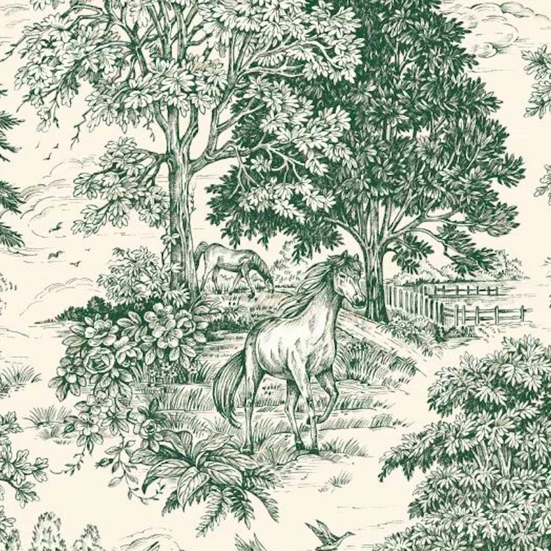 Shower Curtain in Yellowstone Classic Green Country Toile- Horses, Deer, Dogs- Large Scale