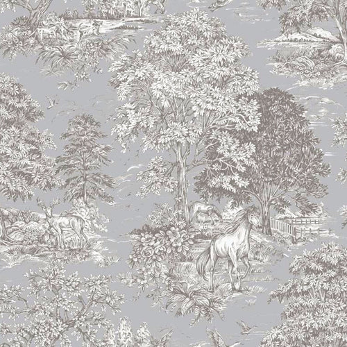 Round Tablecloth in Yellowstone Dove Blue Gray Country Toile- Horses, Deer, Dogs- Large Scale