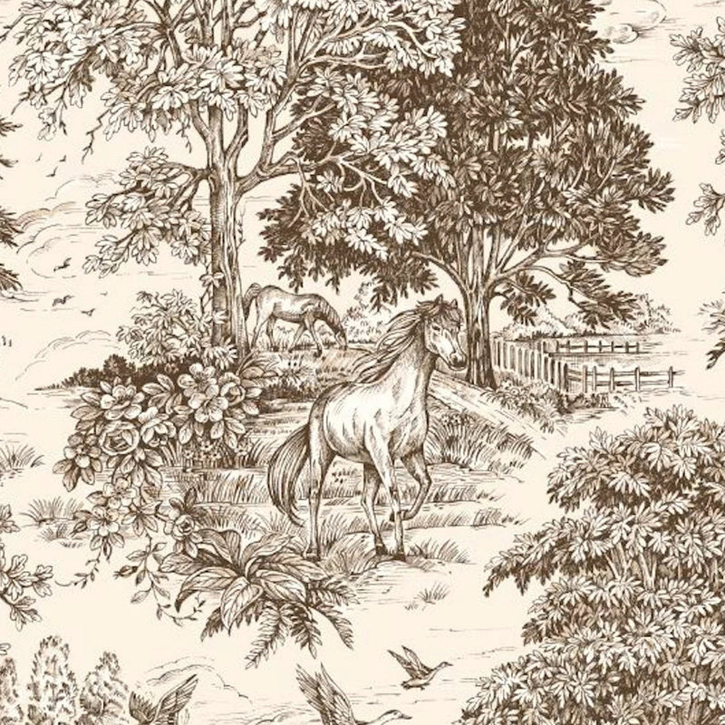 Shower Curtain in Yellowstone Driftwood Brown Country Toile- Horses, Deer, Dogs- Large Scale
