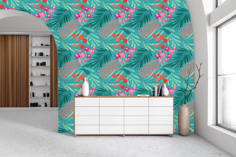 Brightly Flowers and Leaves Pattern Wallpaper
