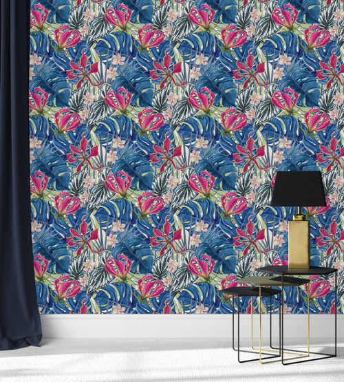 Blue Monstera Leaves Wallpaper