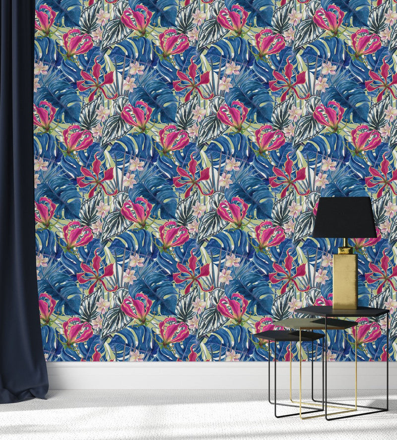 Blue Monstera Leaves Wallpaper