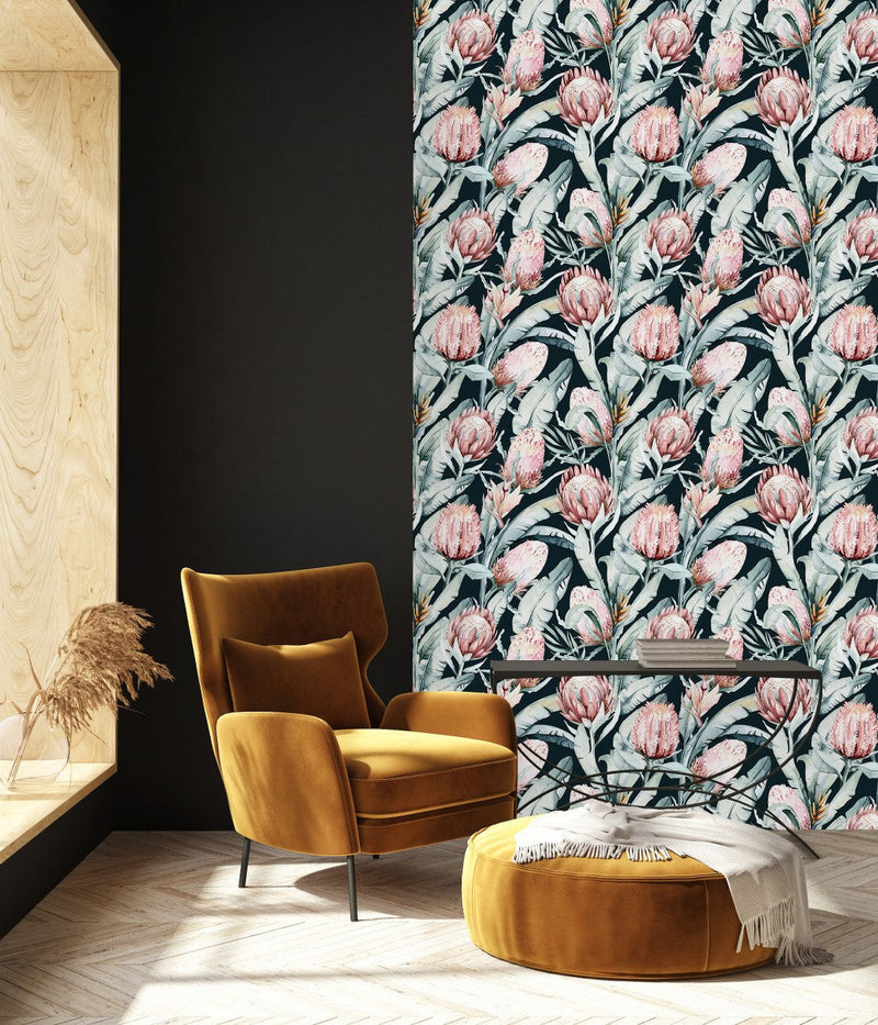 Black Wallpaper with Protea Flowers
