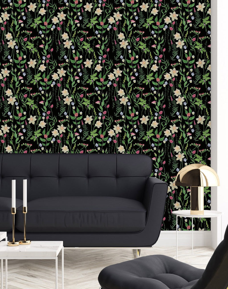 Black Wallpaper with Meadow Flowers