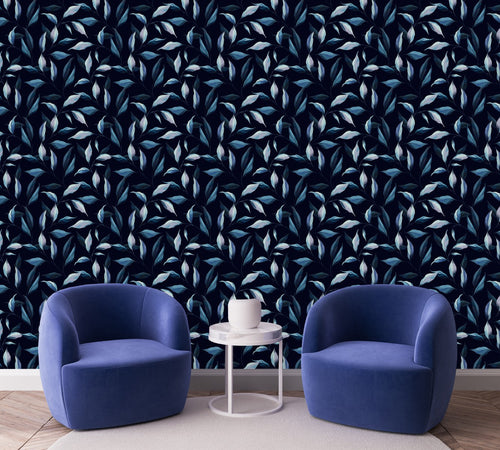 Dark Blue Wallpaper with Leaves Design