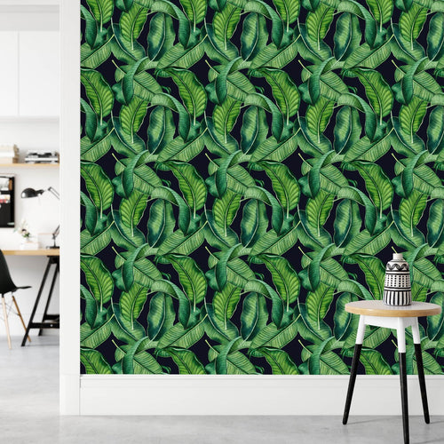 Black Wallpaper with Green Leaves
