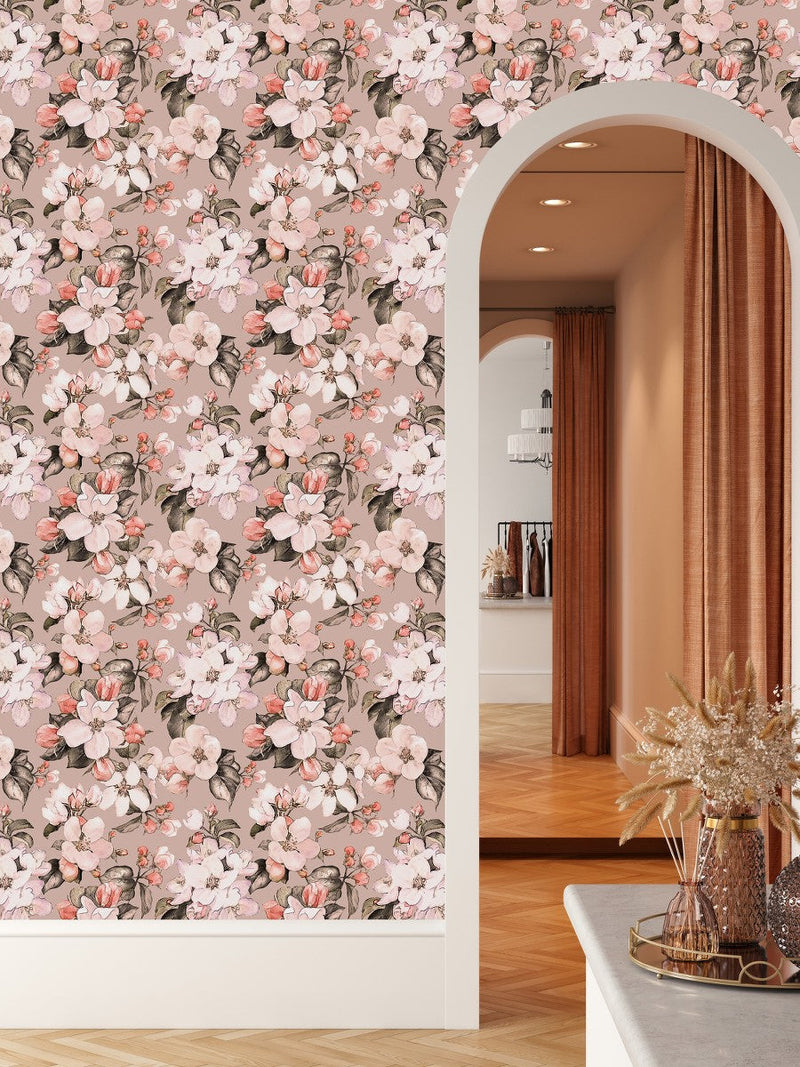 Voguish Beige Wallpaper with Flowers Fashionable