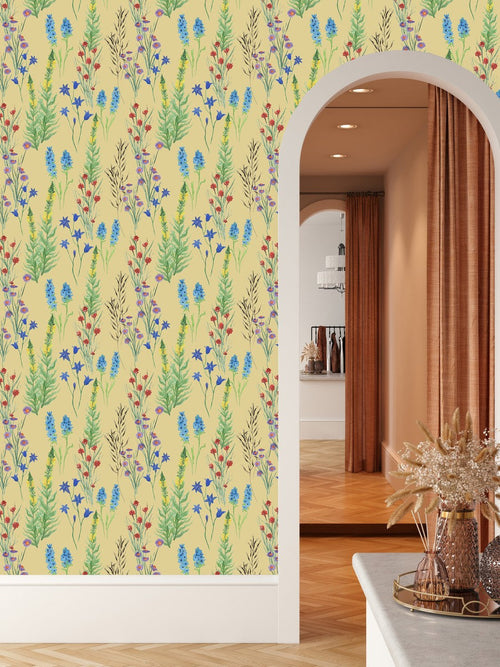 Contemporary Yellow Wallpaper with Wildflowers