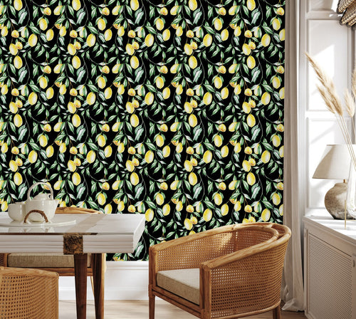 Contemporary Black Wallpaper with Lemons Tasteful