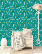 Green Wallpaper with Brightly Flowers