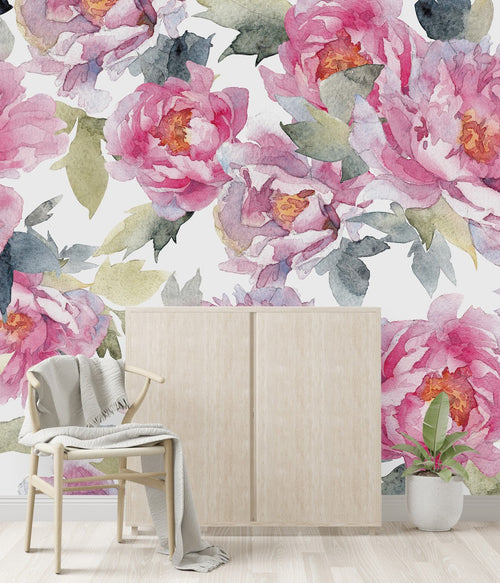 White Wallpaper with Pink Peonies