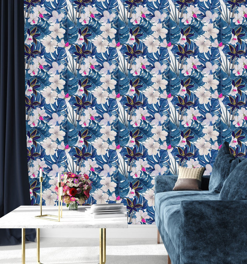 Blue Monstera Leaves Wallpaper