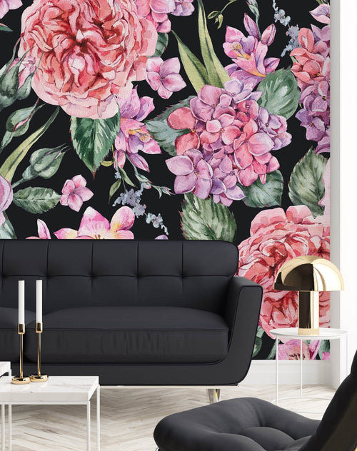 Elegant Modern Pink Flowers on Dark Wallpaper