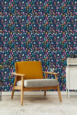 Contemporary Dark Blue Wallpaper with Flowers Chic