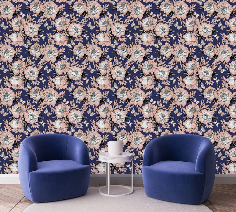 Fashionable Dark Blue Wallpaper with Pink Flowers Tasteful