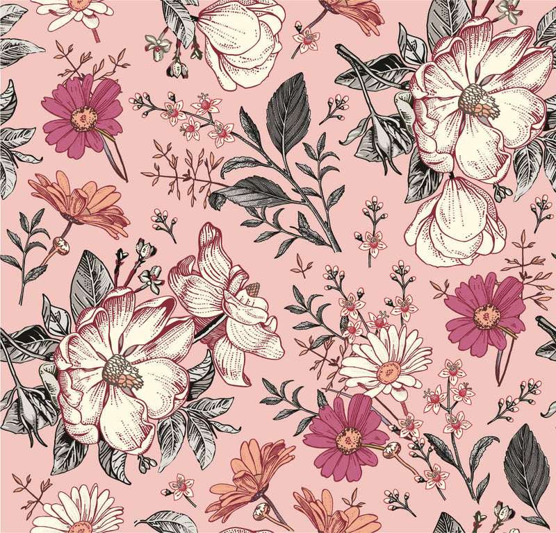 Modish Pink Flowers Wallpaper Chic
