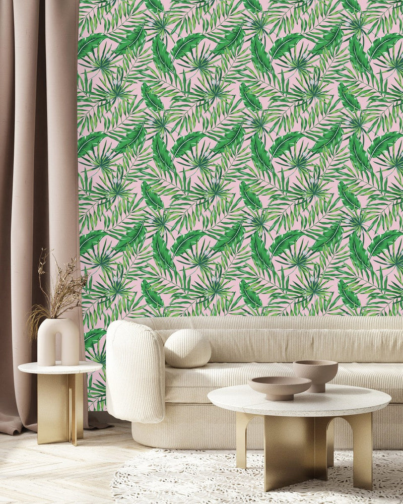 Pink Wallpaper with Palm Leaves