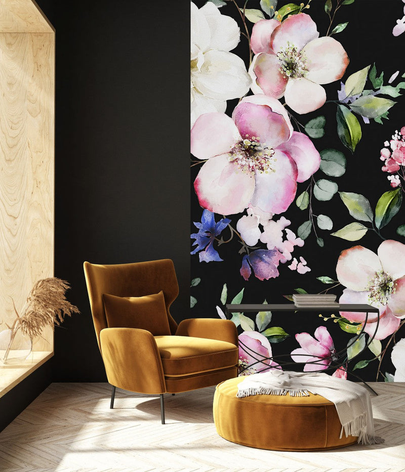 Contemporary Dark Wallpaper with Gentle Flowers