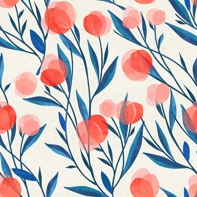 Blue Leaves with Red Flowers Wallpaper