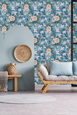 Stylish Pink Roses on Blue Wallpaper Chic