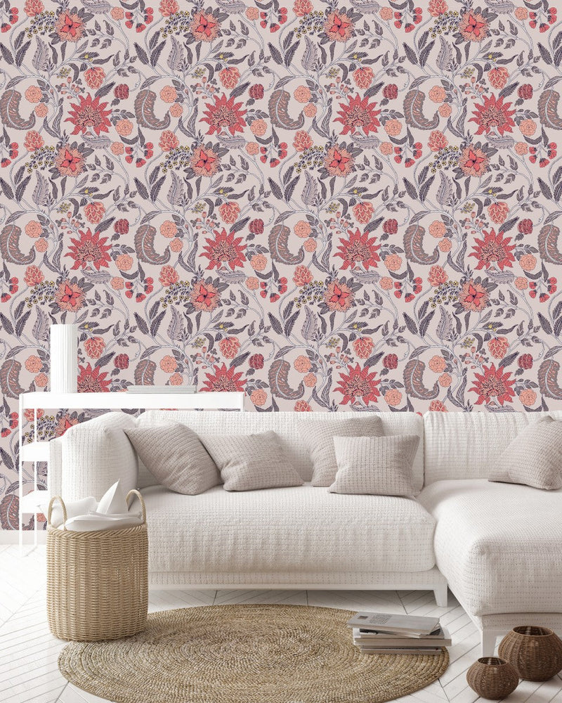 Pink Ethnic Floral Wallpaper