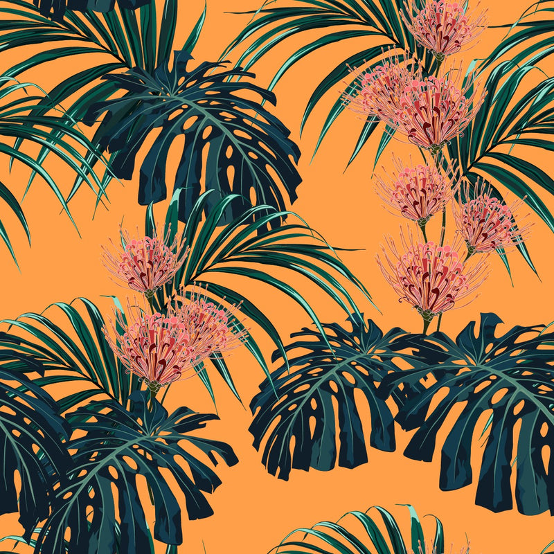 Orange Wallpaper with Tropical Leaves