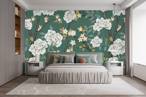 Green Wallpaper with White Flowers