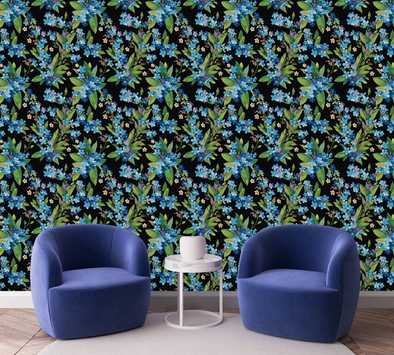 Contemporary Little Blue Flowers Wallpaper Tasteful