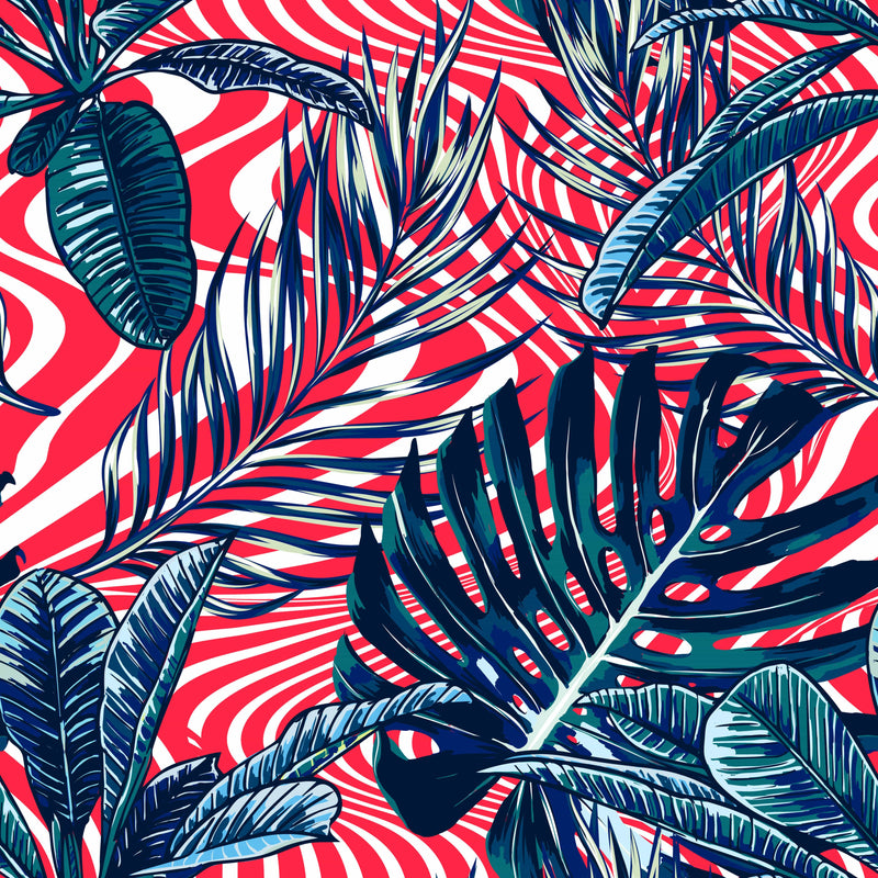 Abstract Stripes Waves with Palm Leaves Wallpaper