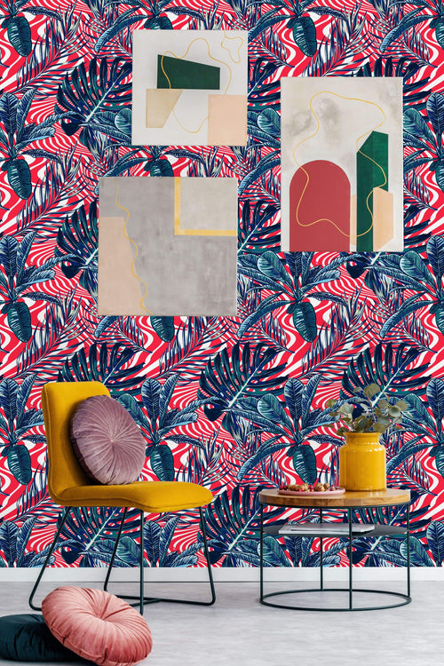Abstract Stripes Waves with Palm Leaves Wallpaper
