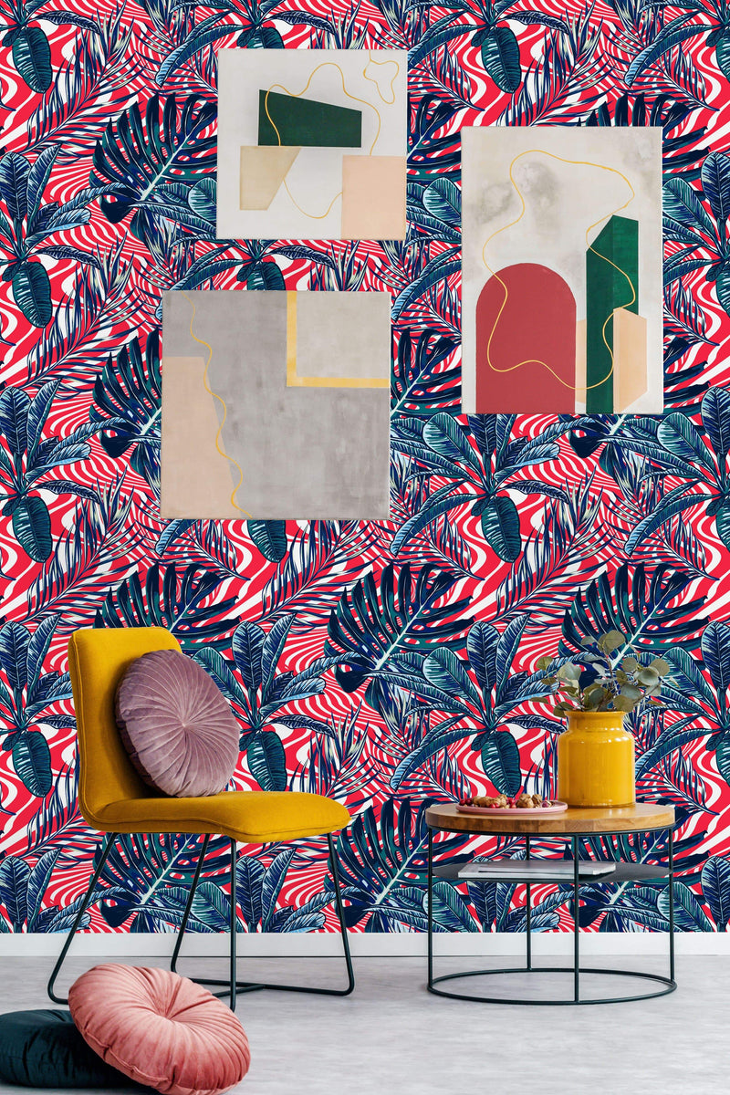 Abstract Stripes Waves with Palm Leaves Wallpaper