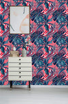 Abstract Stripes Waves with Palm Leaves Wallpaper