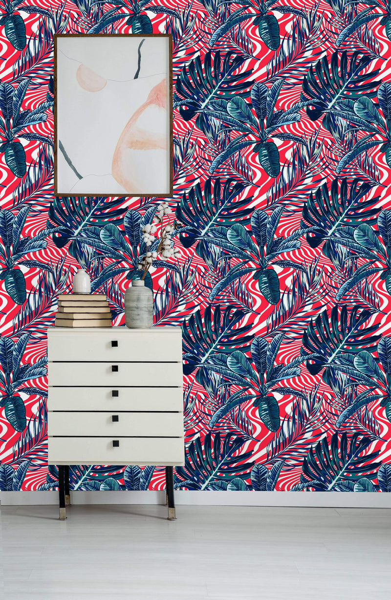 Abstract Stripes Waves with Palm Leaves Wallpaper