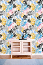 Abstract Watercolor Palm and Monstera Leaf Wallpaper