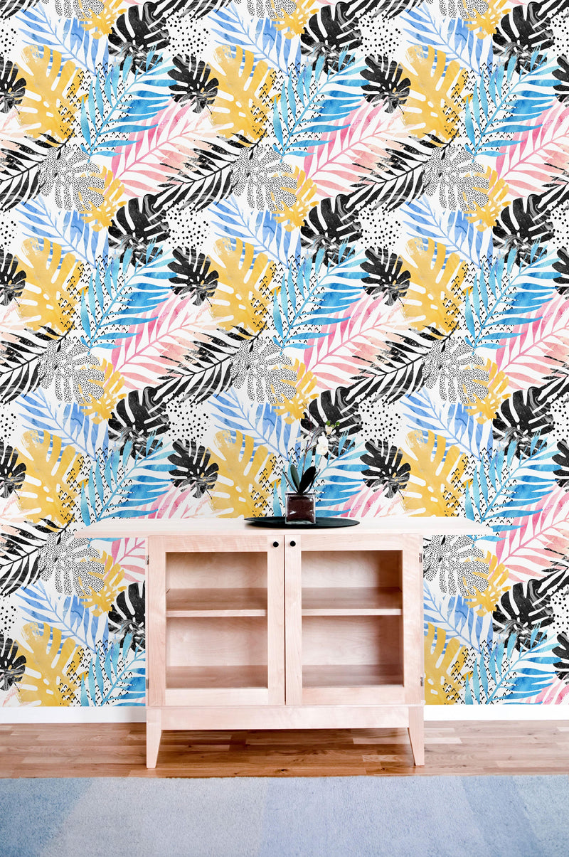 Abstract Watercolor Palm and Monstera Leaf Wallpaper