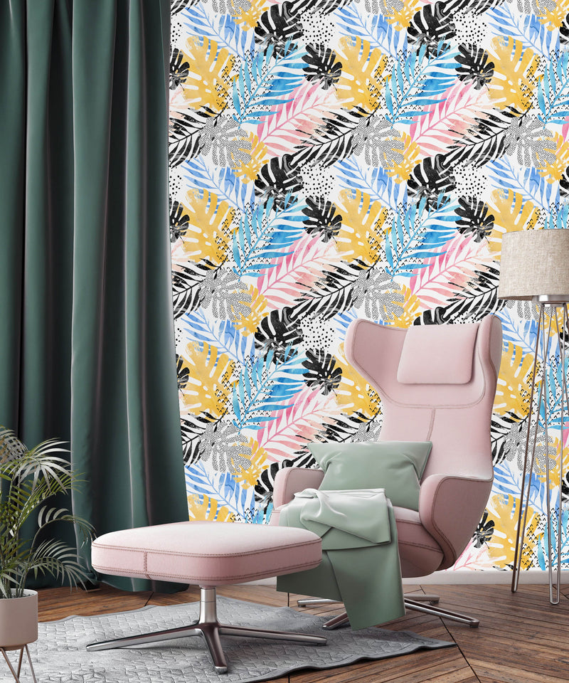 Abstract Watercolor Palm and Monstera Leaf Wallpaper