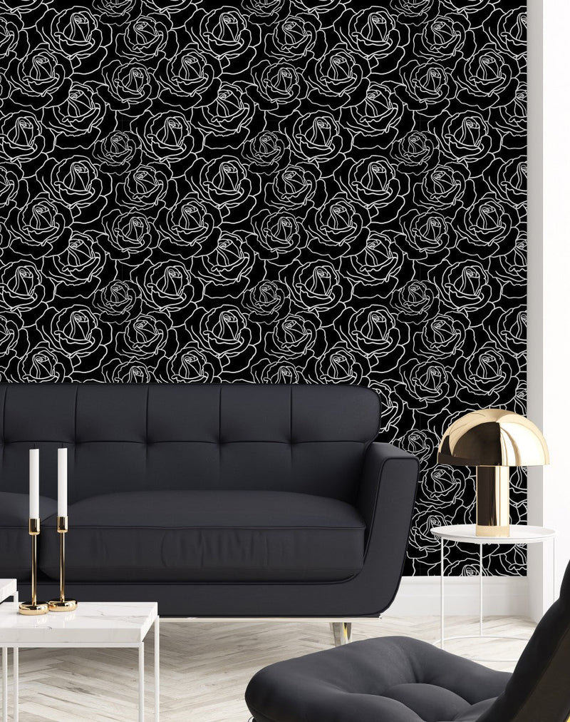 Black Wallpaper with White Floral Contours