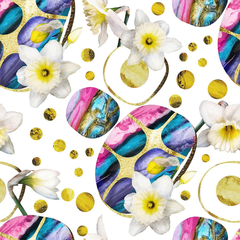 White Flowers and Multicolored Pattern Wallpaper
