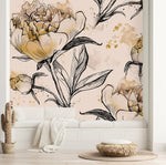 Contemporary Beige Peonies Wallpaper