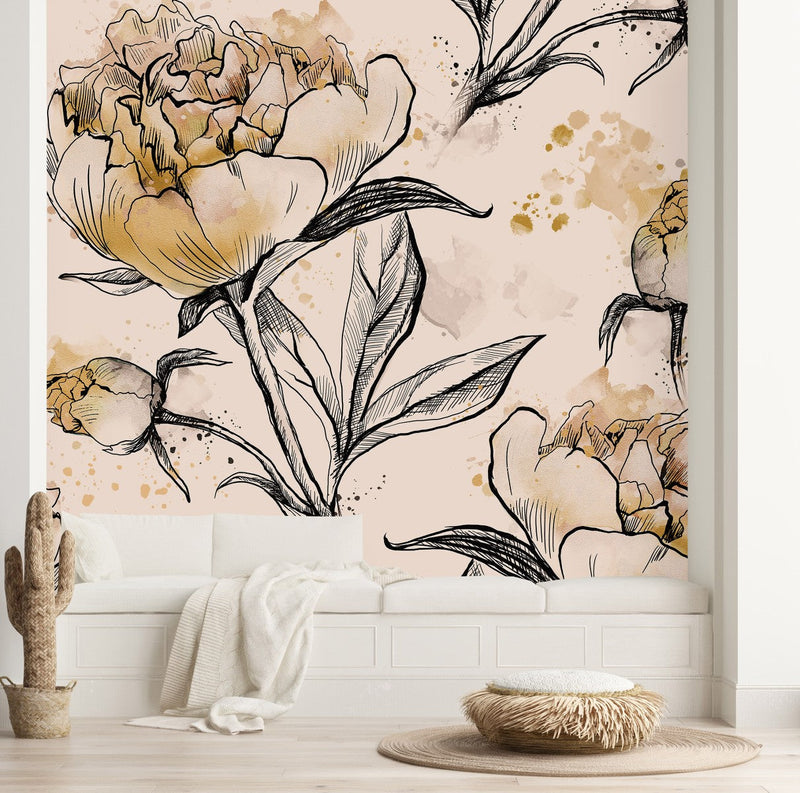 Contemporary Beige Peonies Wallpaper