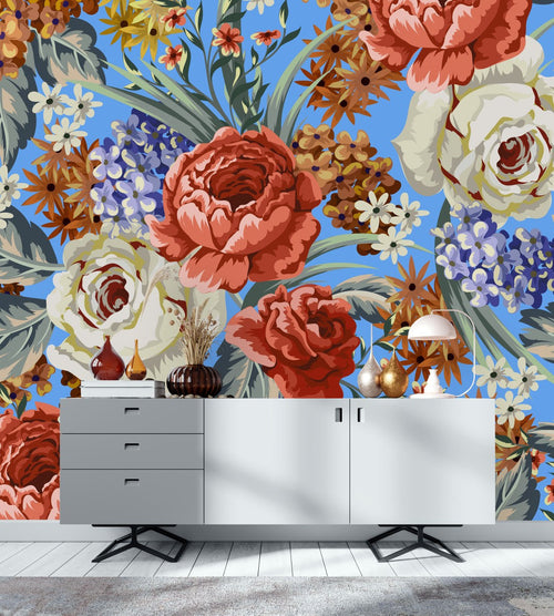 Brightly Blue Floral Wallpaper