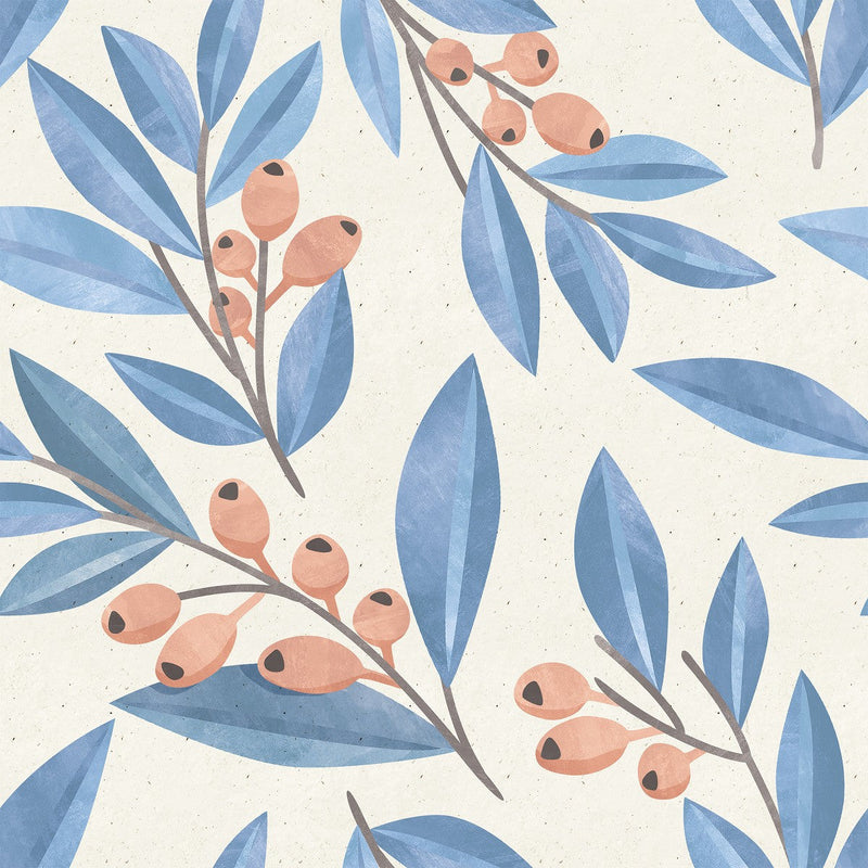 Modish Blue Leaves and Berries Wallpaper Fashionable