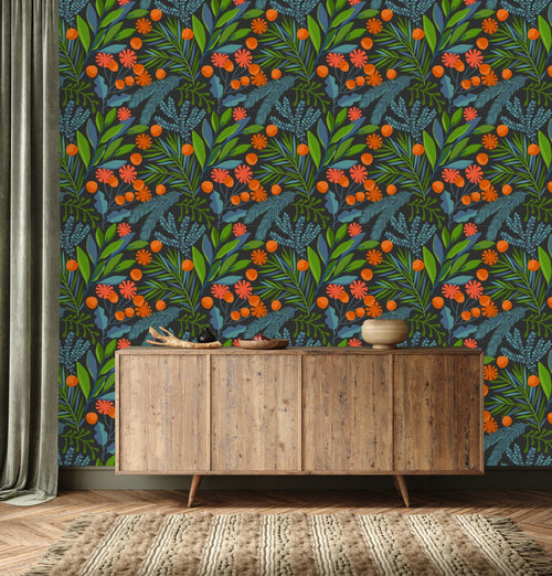 Green Leaves and Orange Flowers Wallpaper