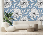 Blue Wallpaper with White Flowers