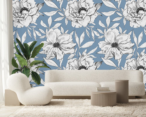 Blue Wallpaper with White Flowers