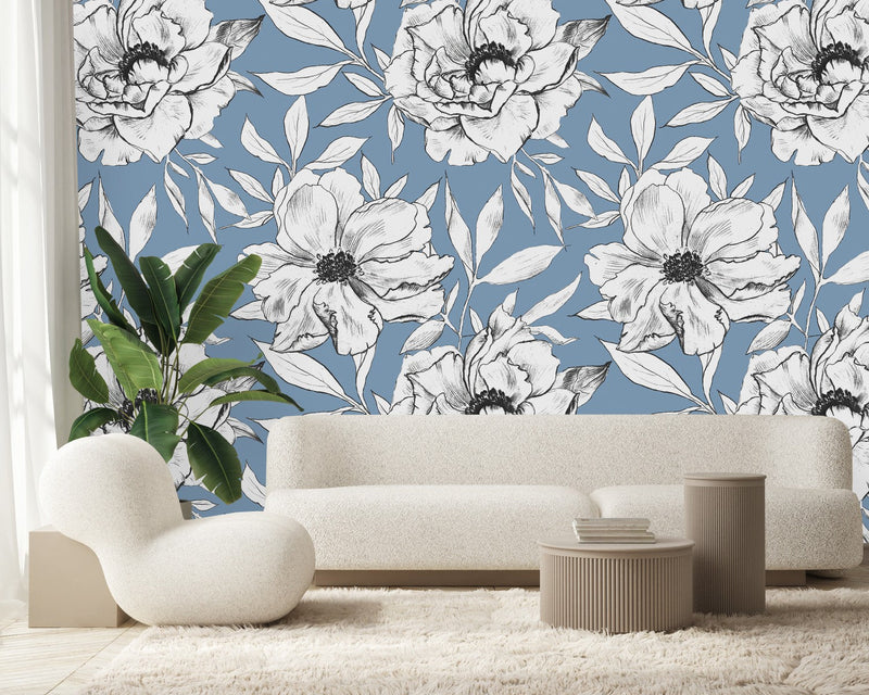 Blue Wallpaper with White Flowers