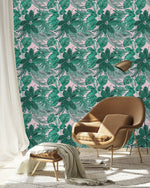 Pink Wallpaper with Green Plants