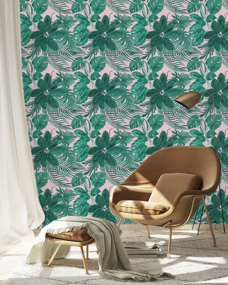 Pink Wallpaper with Green Plants