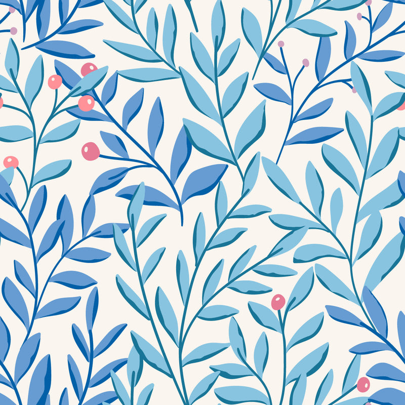 Elegant Blue Leaves and Berries Wallpaper Smart